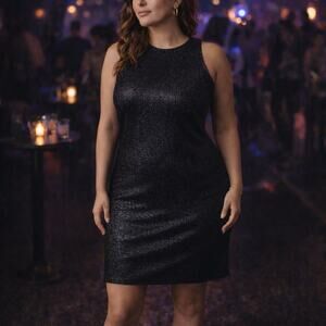 XL Textured Metallic Black Shift Dress Stretch Glam Avante Garde Going Out Dress